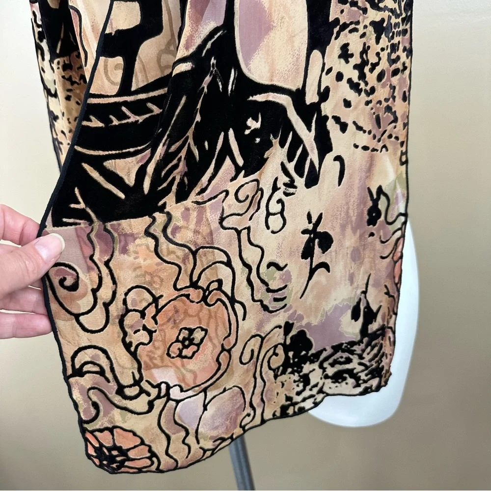 Velvet Burnout Black & Tan Floral Scarf Whimsigoth Dark Moody Abstracf